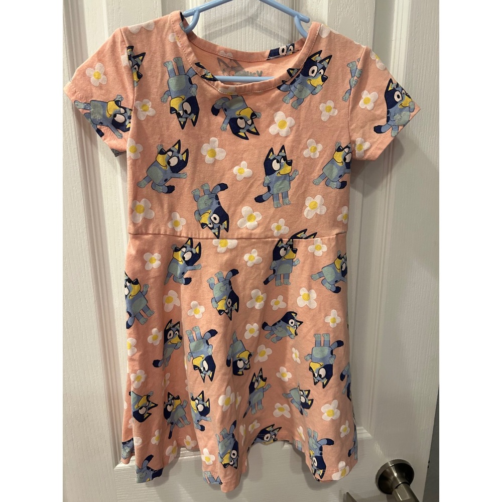Bluey Girls Peach Pink Floral Daisy Short Sleeve Skater Dress 5T‎ k7013